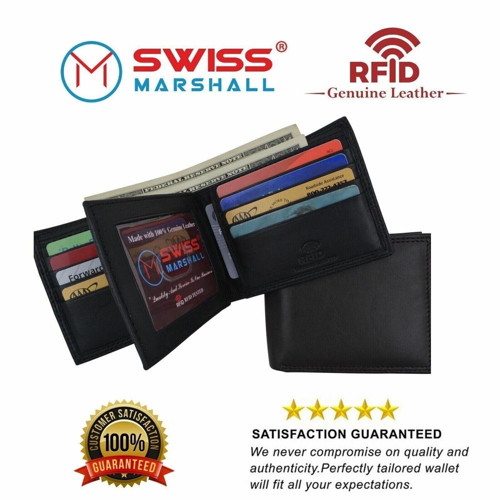 RFID Blocking Genuine Leather Minimalist Bifold Wallets Slim Purse Black