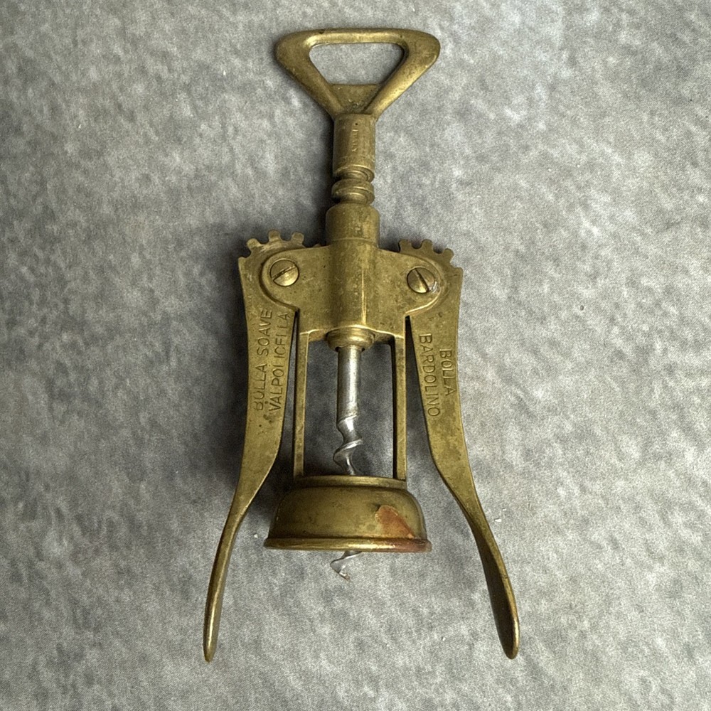 ITALIAN Solid Brass Winged Corkscrew Wine Bottle Opener Bolla Soave Advertising
