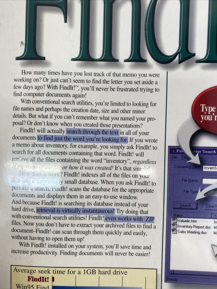 FindIt! Rom Tech Software Home Office Help Windows 95 Find Documents PC Vintage