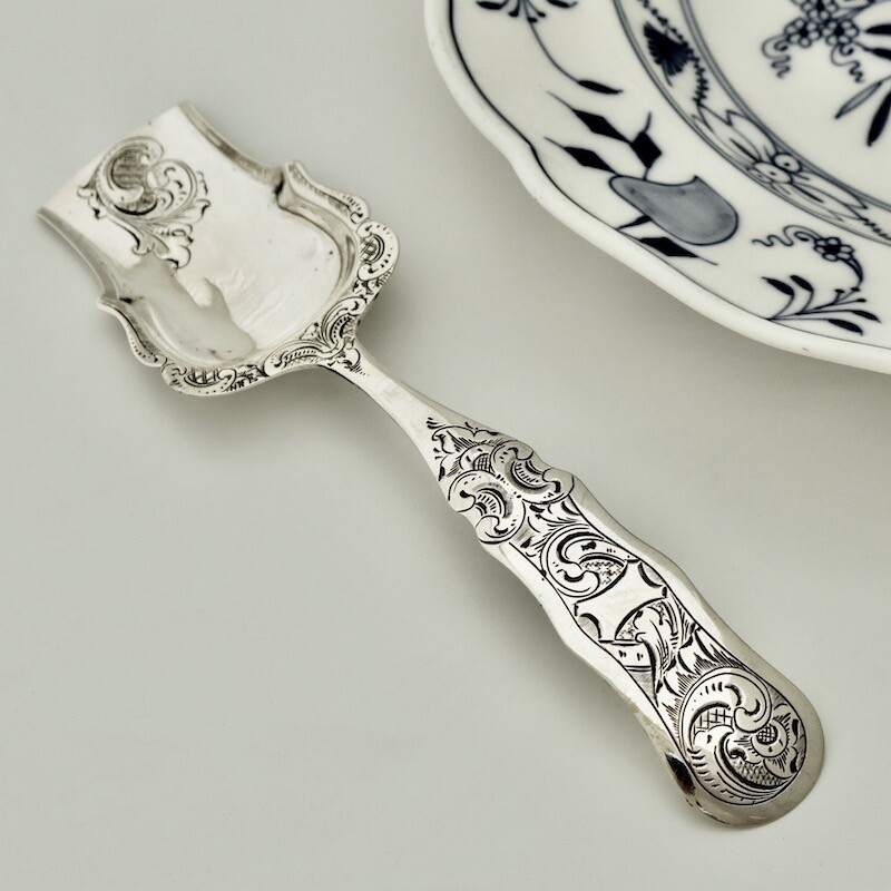 19C Antique Dutch Solid Silver Tea Caddy Sugar Shovel Spoon Server Rococo Ladle