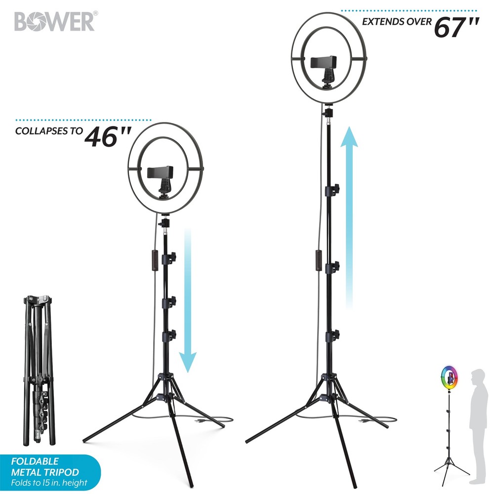 Bower 12" Foldable Ring Light with Adjustable Stand and Remote Control- Black