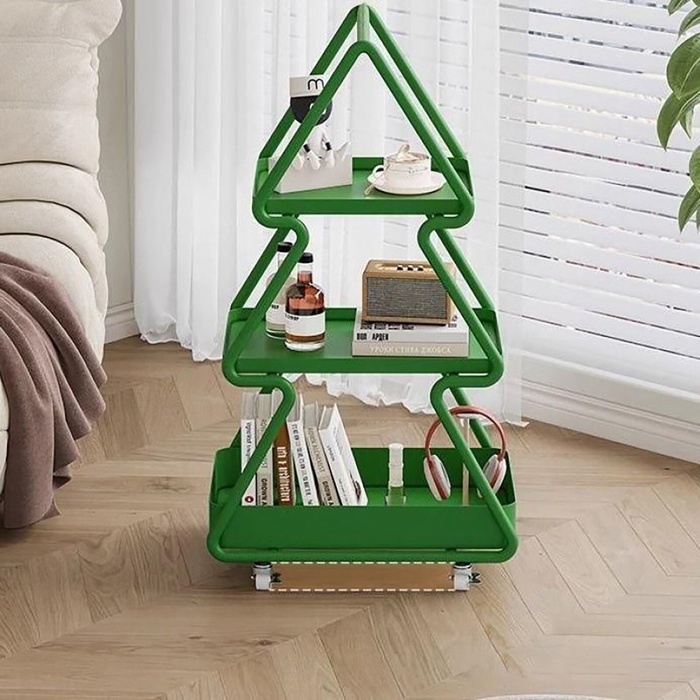 Iron Side Table White Tree-shaped End Table w/4 Universal Wheels for Living Room