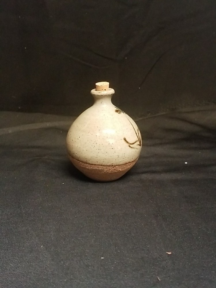 Small Ceramic Bottle w/Cork, Half Glazed, Flower Design, Green/Gray
