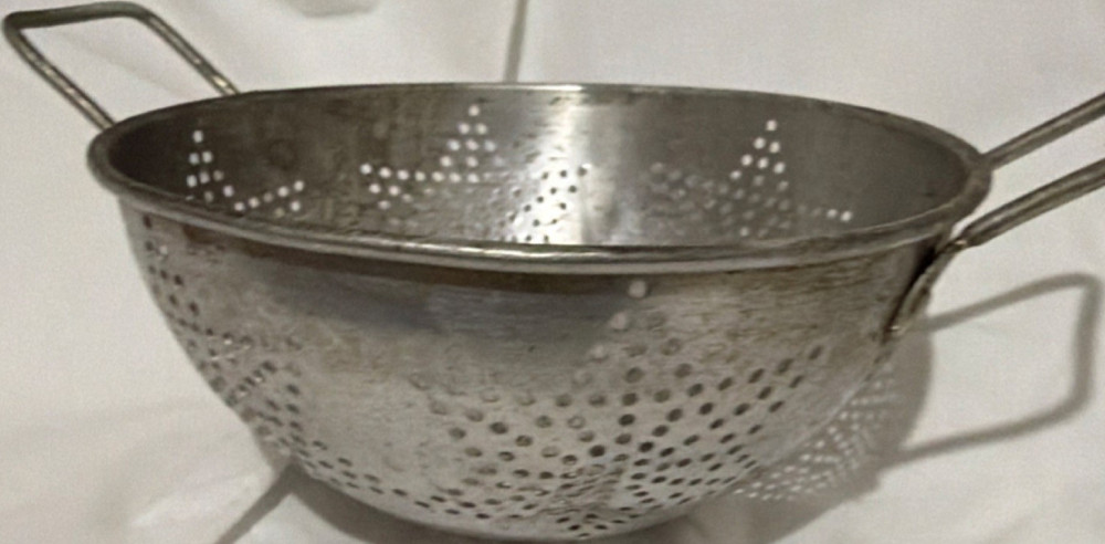 Vintage Silver Metal Colander with Handles, Star Pattern, Round Shape