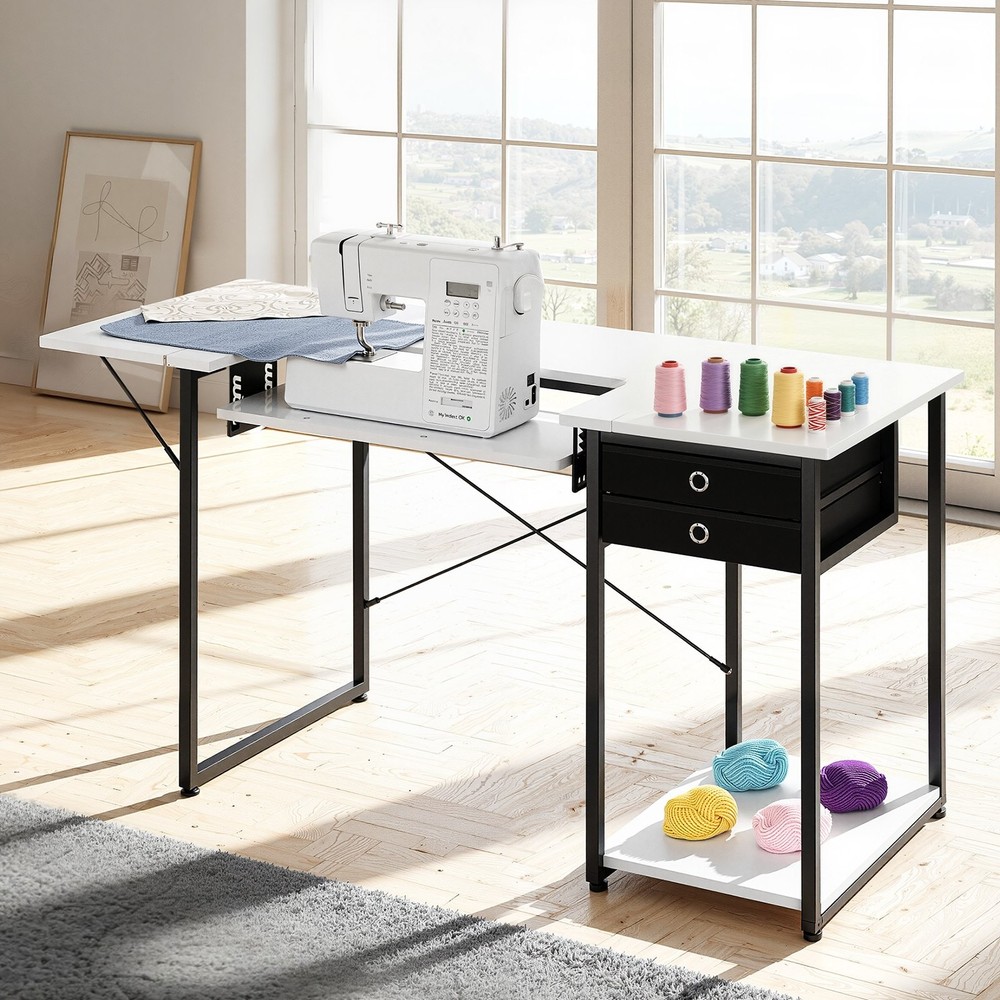 HOT/ Sewing Table,Multipurpose Sewing Machine Table with Drawers,Foldable Side