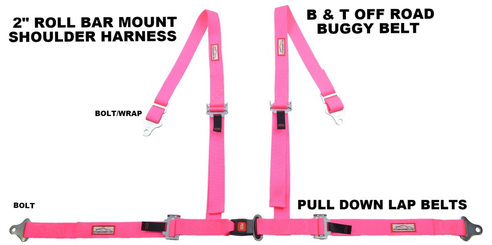 PINK 4 POINT SEAT BELT HARNESS PULL DOWN LAP BELTS ROLL BAR MOUNT PUSH BUTTON