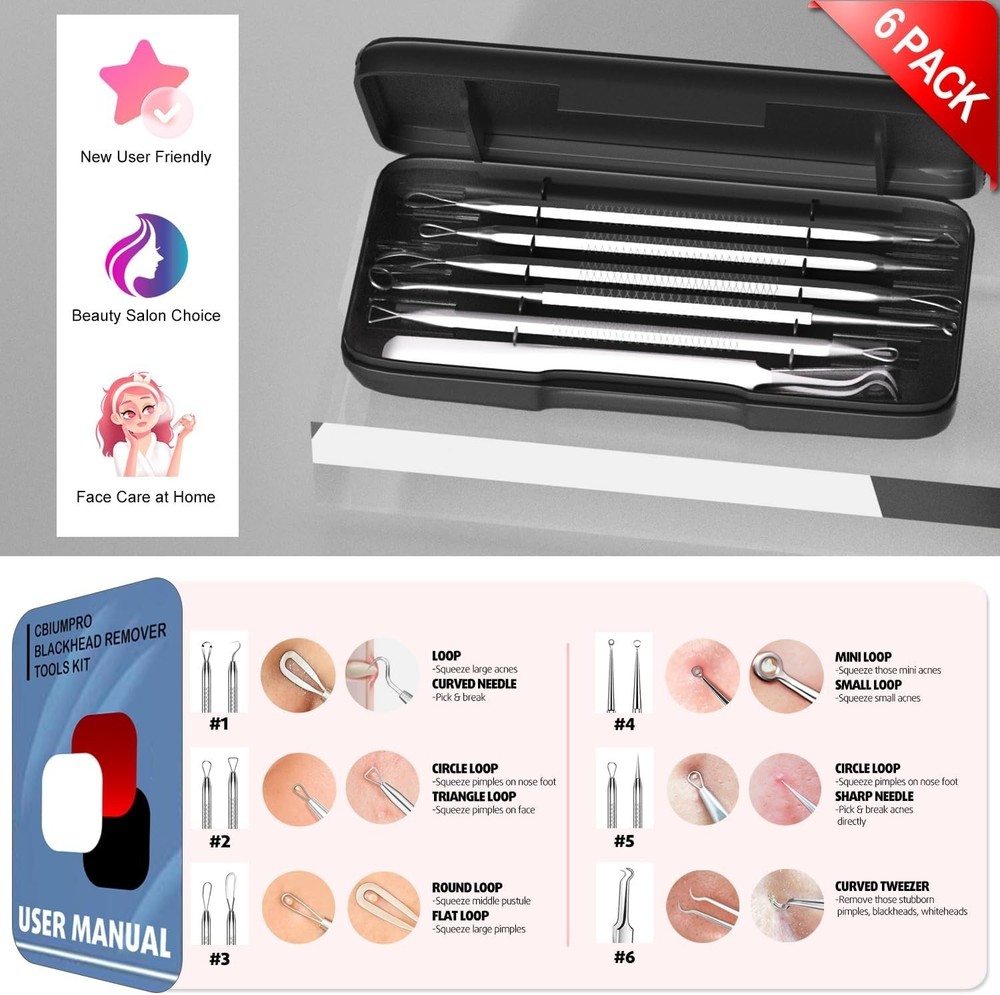 6 Pack Cbiumpro Blackhead Remover Tools, Pimple Extractor Acne Comedone Tool Kit