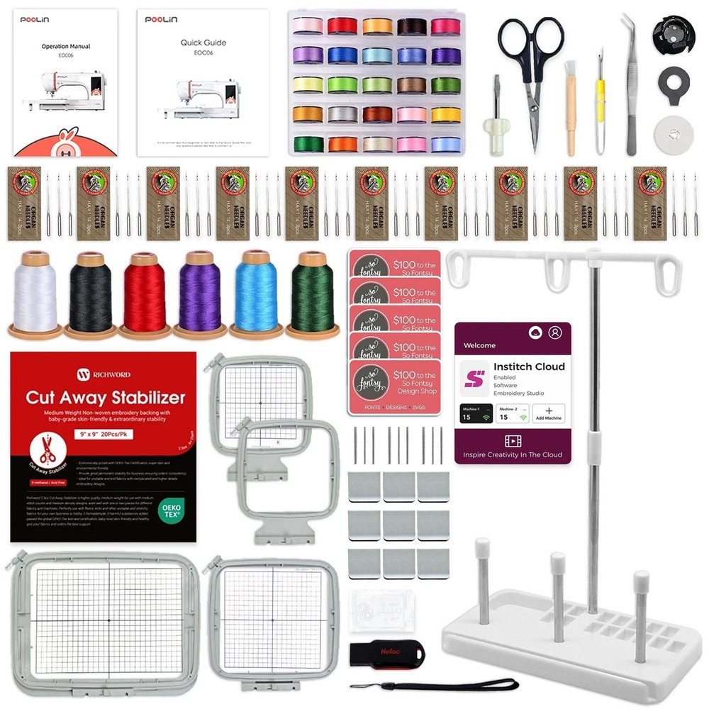 POOLIN EOC06 7.9in x 11in Embroidery Machine & 166 Thread Spool Bundle - Red