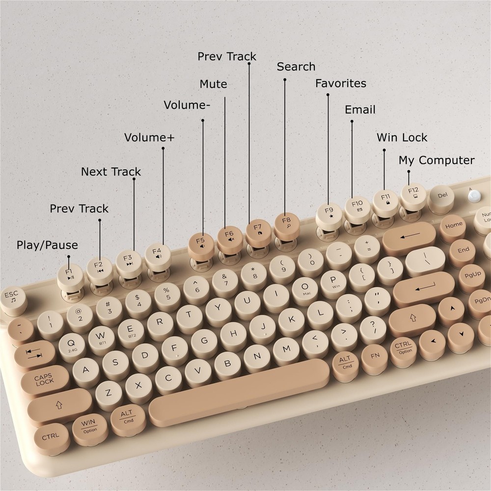 Wireless Bluetooth Keyboard - Full Size Retro Round Typewriter Style Wireless...