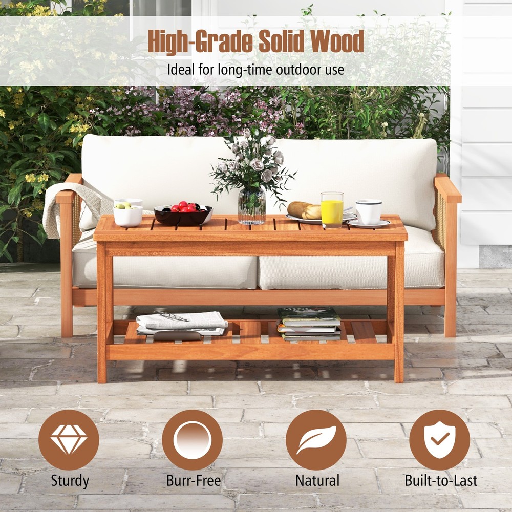 2-Tier Outdoor Side Rectangle Side Table Patio Coffee Table Solid Wood Porch