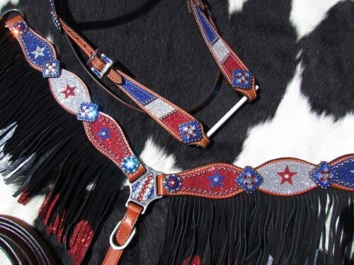 Showman Red, Silver, and Blue Glitter Headstall/BreastCollar Set