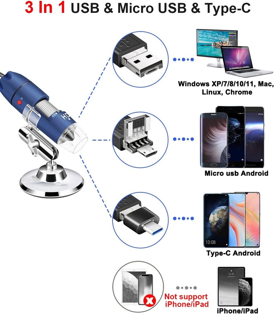 2K HD 2560x1440P USB Digital Microscope for Android Cellphone Blue, Silver