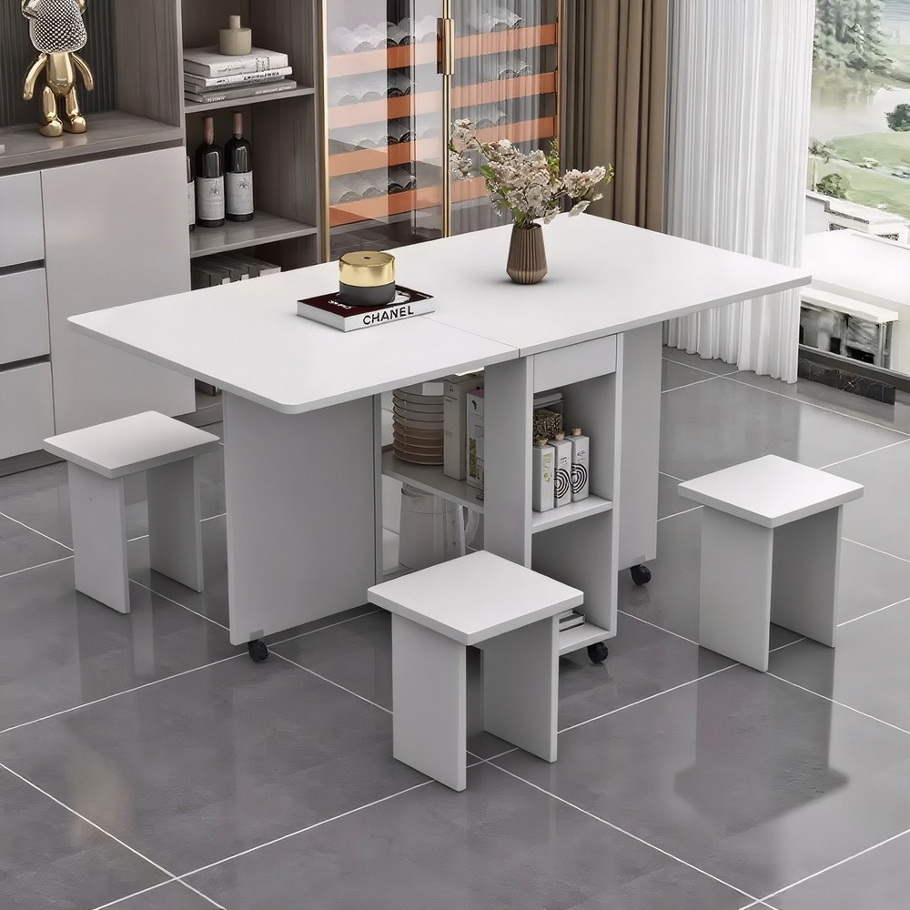 Folding Dining Table Set 4 Chairs, Space Saving with Storage & Wheels, White