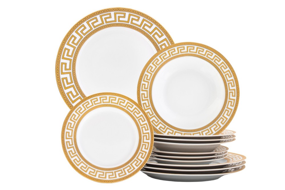 Dinnerware Set Service for 4 - White/Gold Greek Key Inspired Design Tableware