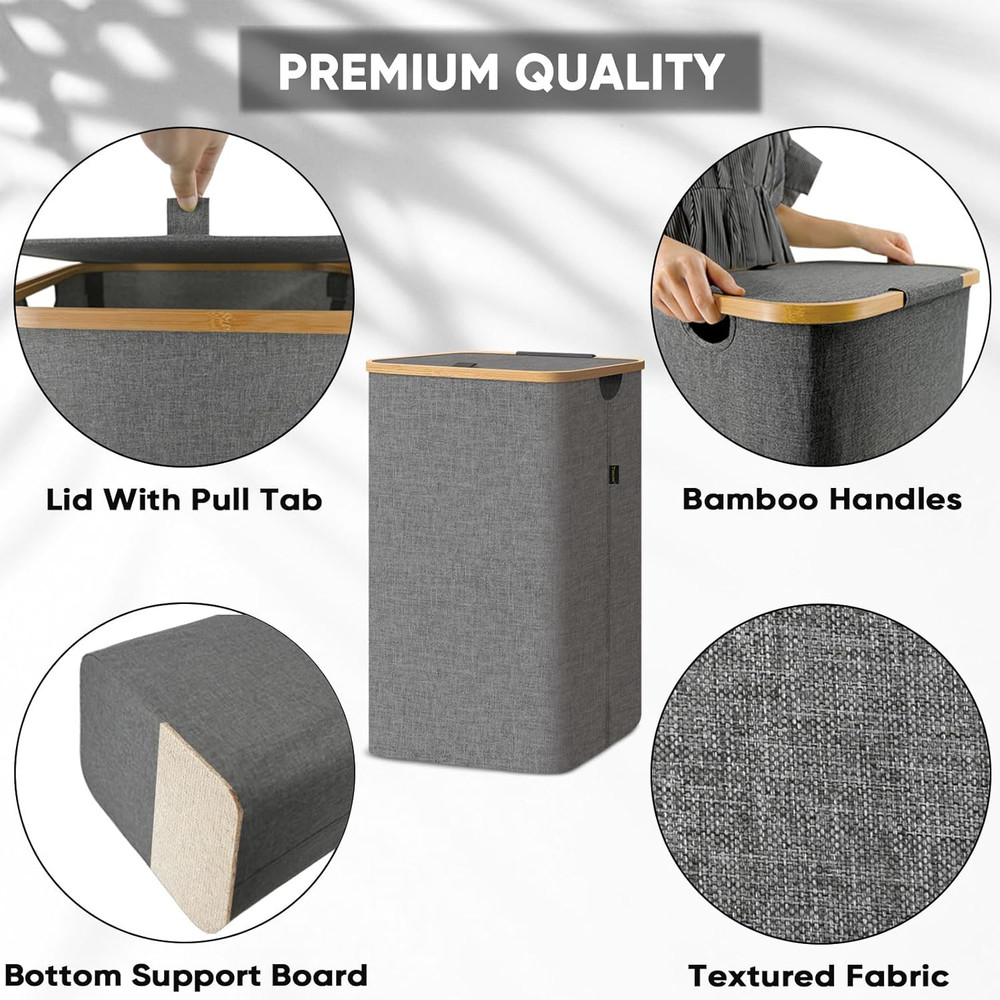 Laundry Hamper with Lid, Tall Laundry Baskets with Bamboo Pull Handles, Large...