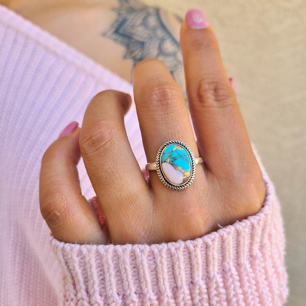 Oyster Copper Turquoise Ring 925 Sterling Silver Spiny Turquoise Statement Ring