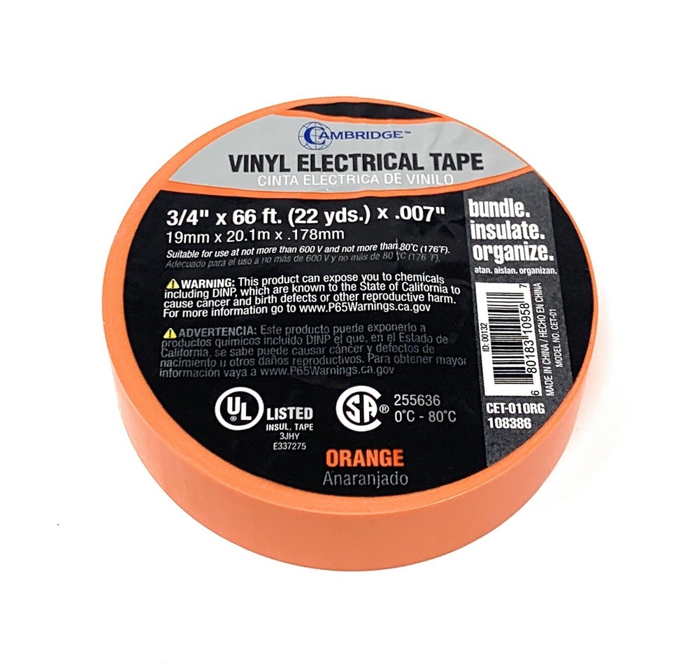 10 Pc Orange Electrical Tape 3/4" x 66 Ft /ea Roll ( UL )