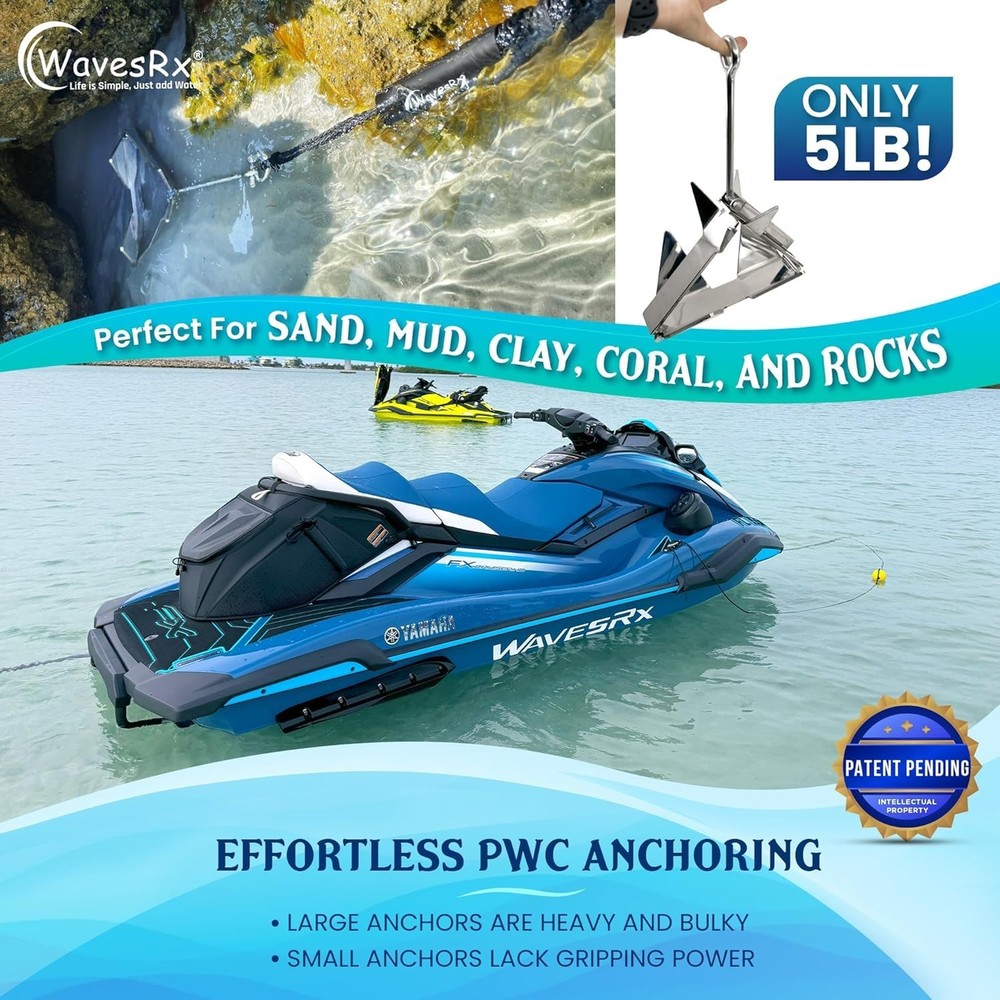 PWC Anchoring Bundle - 5lb TriAnchor with 7ft AnchorMate Bungee Line Silver