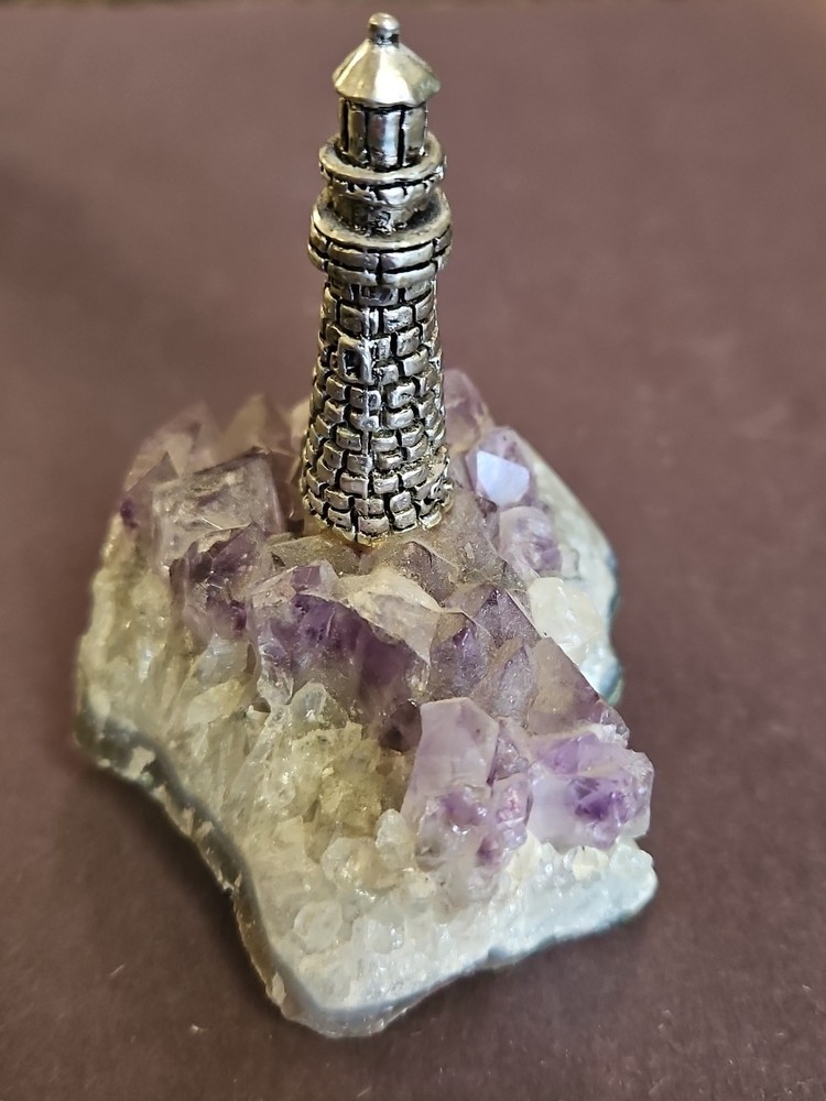 Pewter Lighthouse Blue Crystal "Light" Raw Amethyst Base