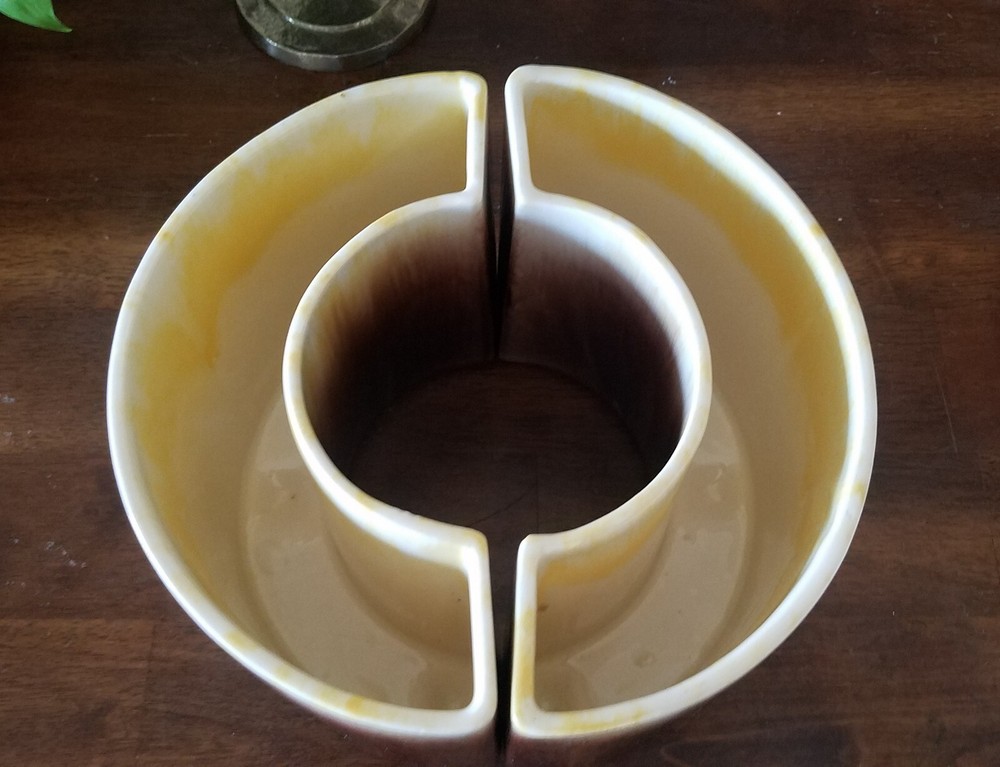 Mid Century Modern Two-Piece Brown & Yellow Ceramic Planter Half Rounds MCM