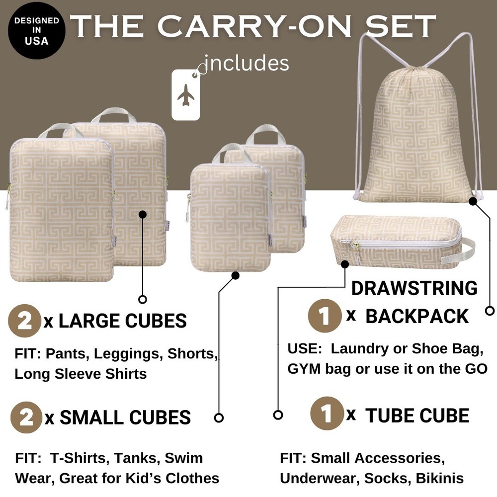 Boho Compression Packing Cubes for Carry-On Suitcase, Luggage Organizers 6pc Set