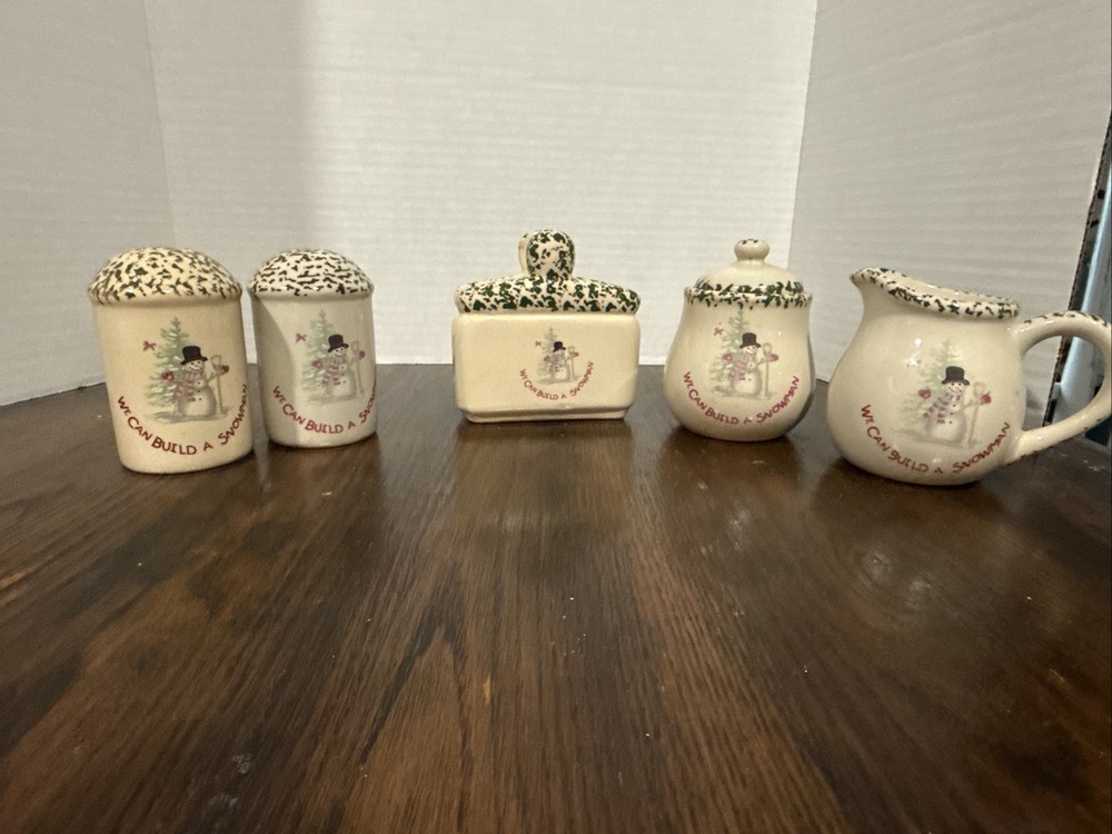We Can Build a Snowman 5 Pc Stoneware Table Top Set With Box Missing Spoon Rest