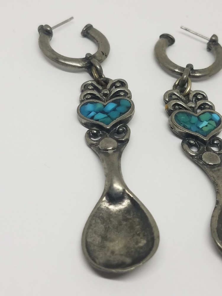 Vintage EJC Silver Tone Sppon & Fork Dangle Earrings Crushed Turquoise Heart