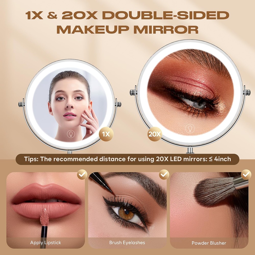 Makeup Mirror with Lights, 1x/20x 360° Rotation Vanity Mirror, Brightness Adj...