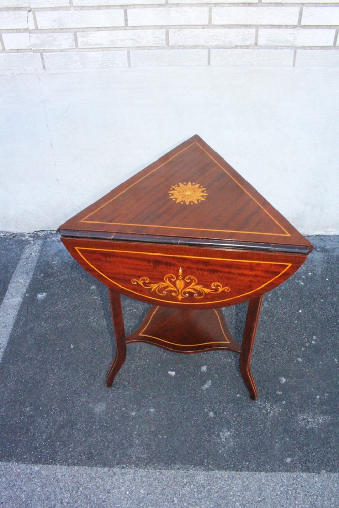 Spectacular Inlaid Triangular Drop Leaf Side End Accent Occasional Table