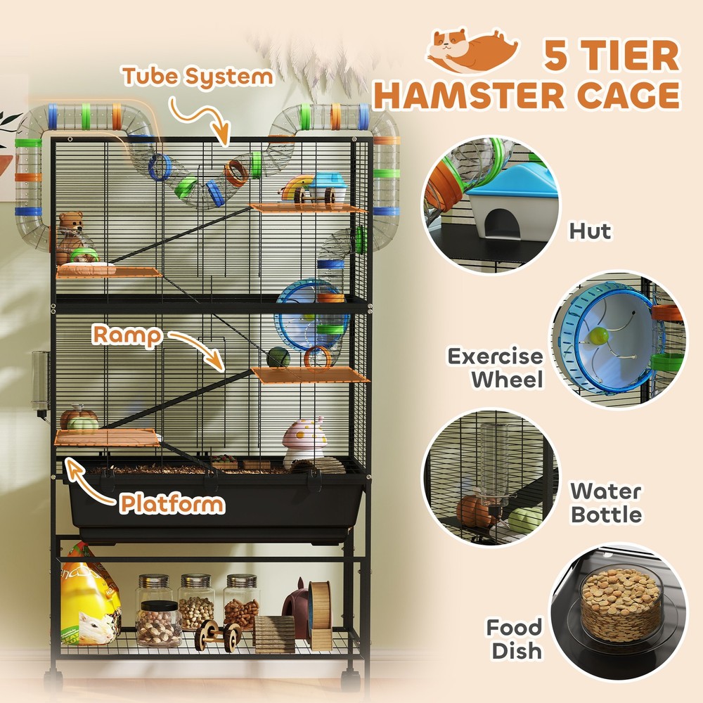 5-Tier Hamster Cage w/ Storage Shelf, Deep Tray & Wheels