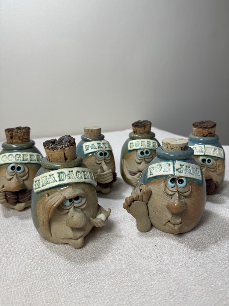 Comical stoneware jar artist signed sold individually - headache white elephant