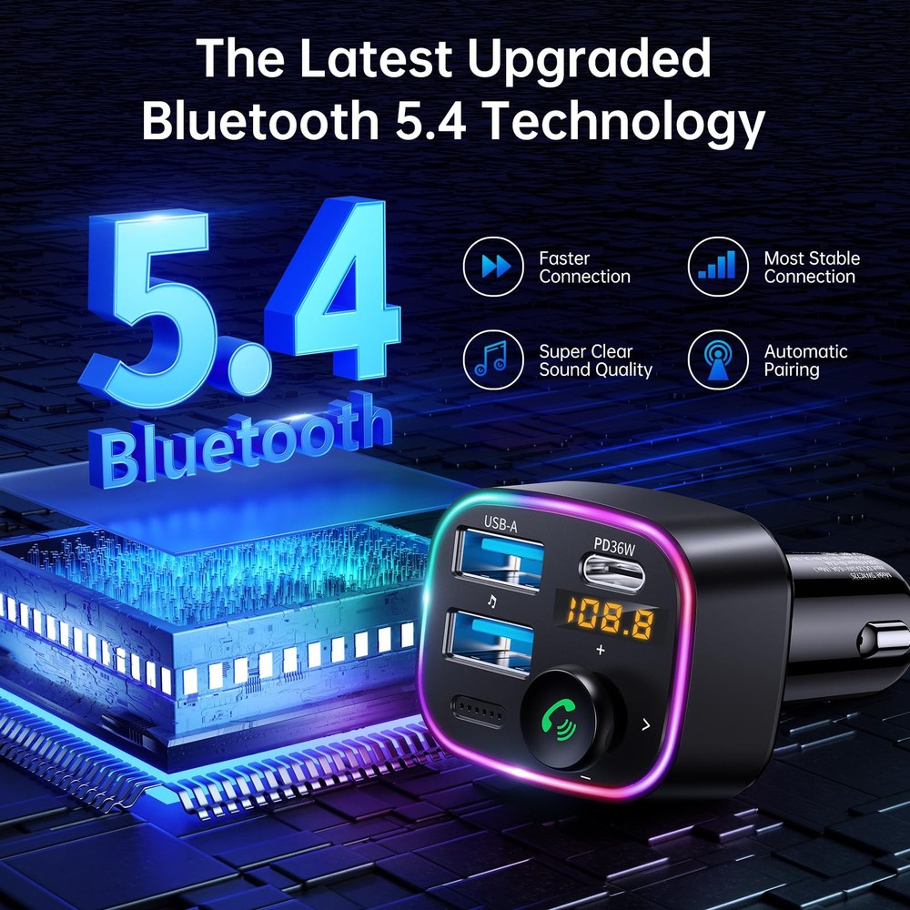 Syncwire Bluetooth 5.4 FM Transmitter Car Adapter 48W (PD 36W & Small, Black