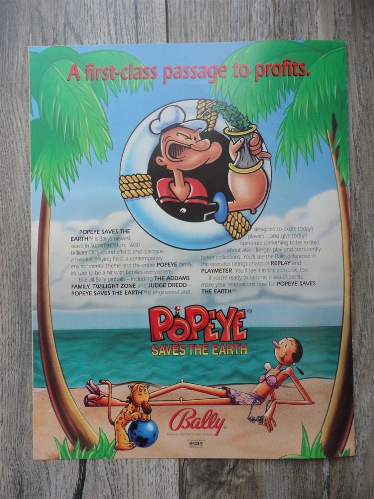 Popeye Pinball Machine Flyer / Bally Original Brochure