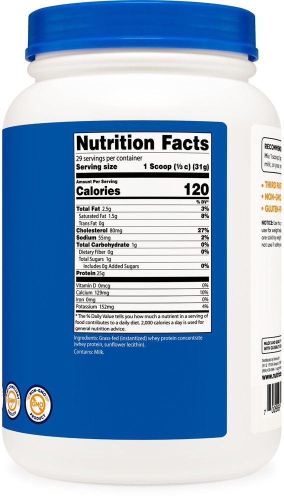 Nutricost Grass-Fed Whey Protein Concentrate (Unflavored) 2LBS