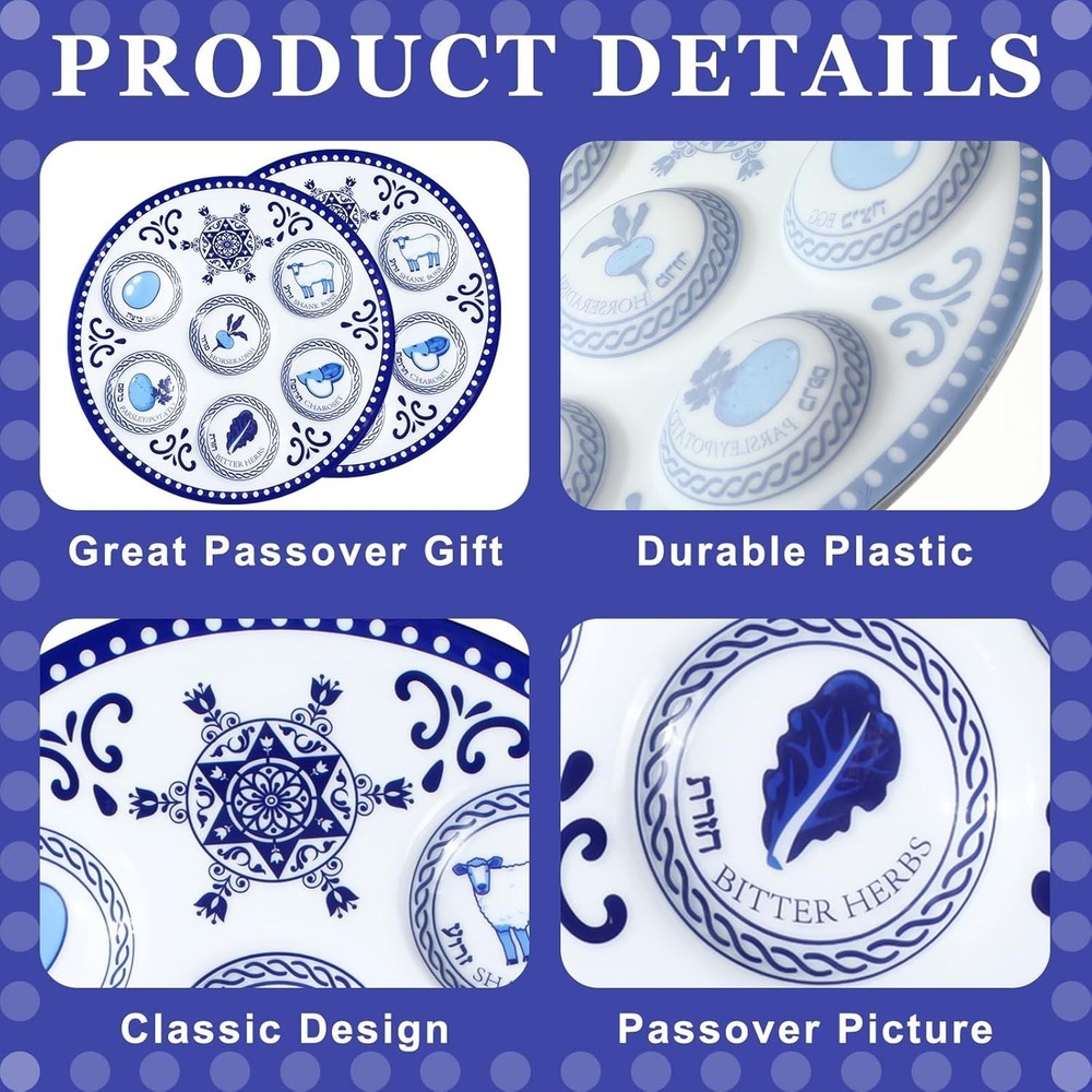 Disposable 6 Pack Seder Plates in Blue Renaissance - Dishwasher Safe & Stackable