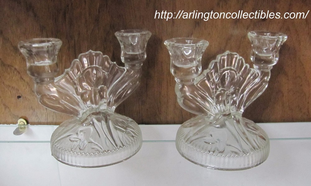 Set of 2 JEANNETTE Clear IRIS & HERRINGBONE Depression Double Light Candlesticks