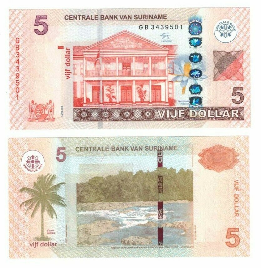 2012 Suriname 5 Dollars UNC Banknote P162b