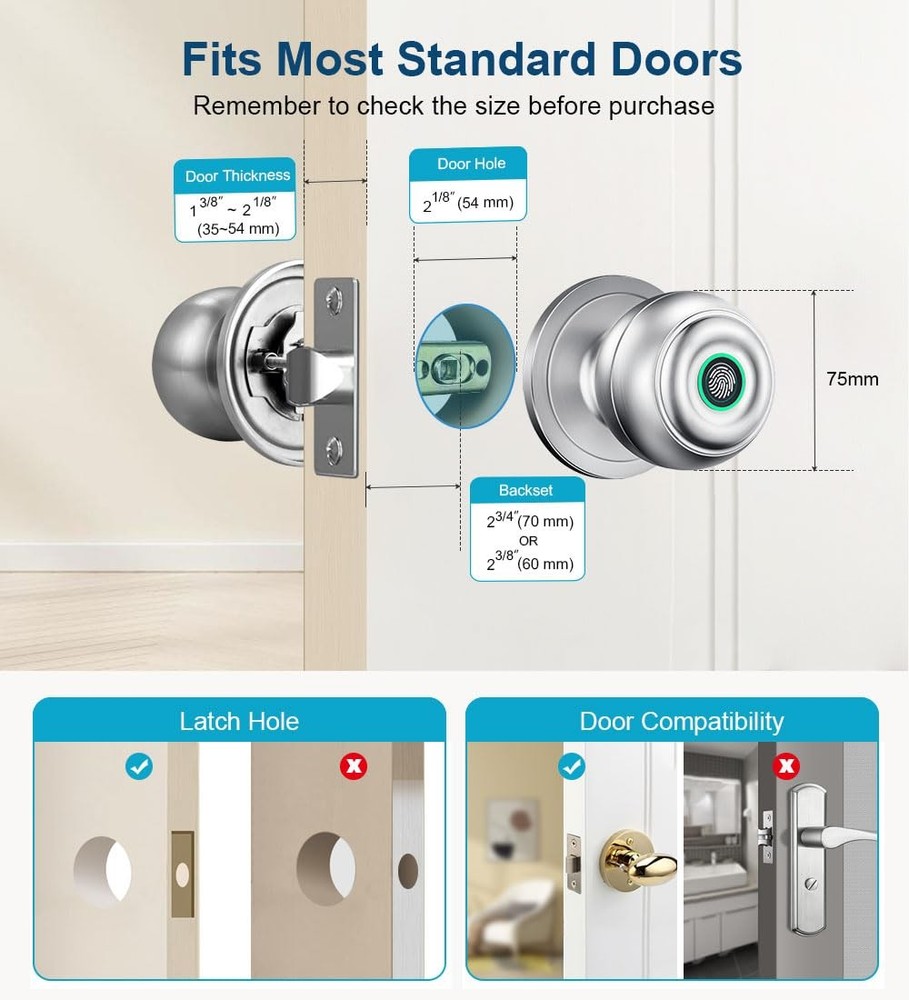 KLLOQUE Fingerprint Door Lock, Smart Knob 1 Piece, Silver
