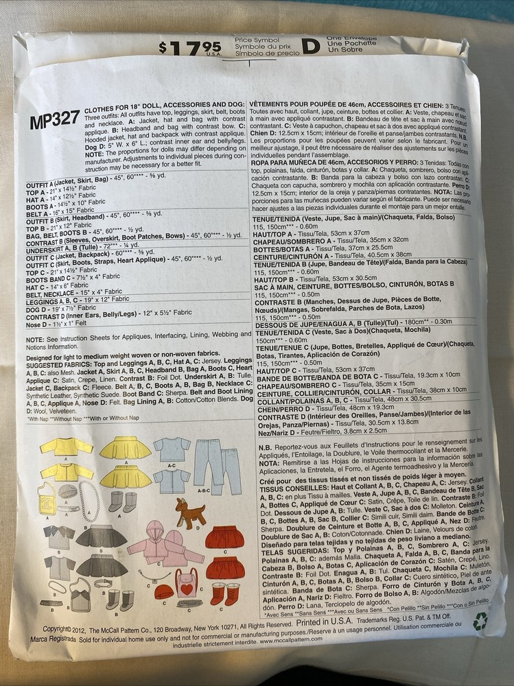 18” Doll Clothes & Accessories Sewing Pattern McCall’s MP327