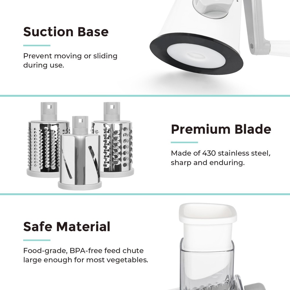 X Home Rotary Cheese Grater for Kitchen, Shredder with 3 Interchangeable Blad...