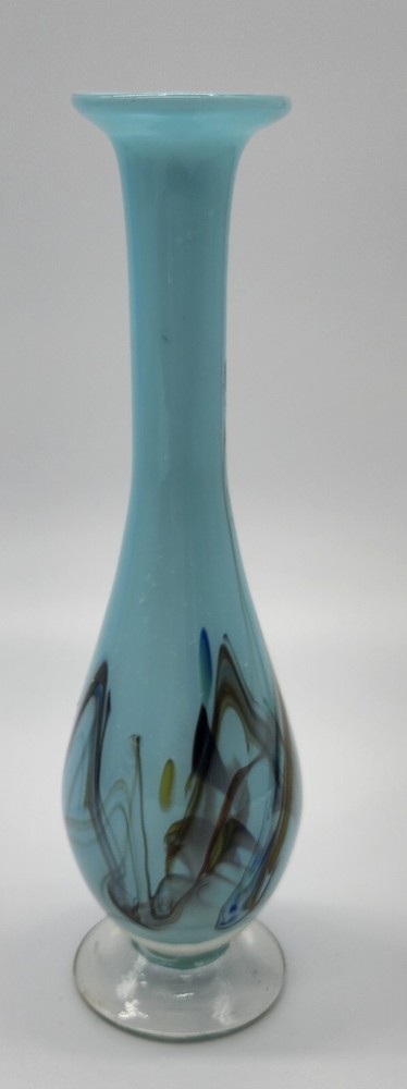 Handblown Light Blue with Multicolored Swirled Bud Vase.