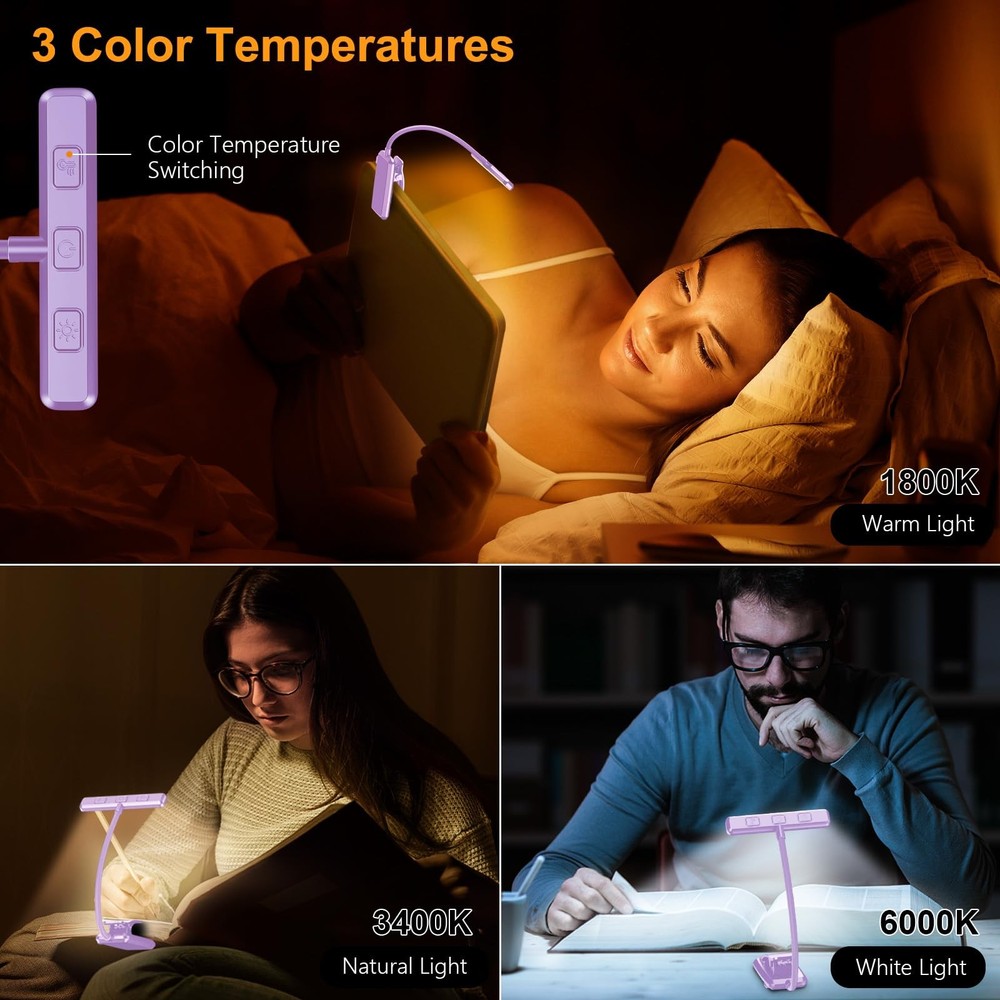 19 LED Rechargeable Book Light Memory Function 3 Color Stepless Dimming Purple C