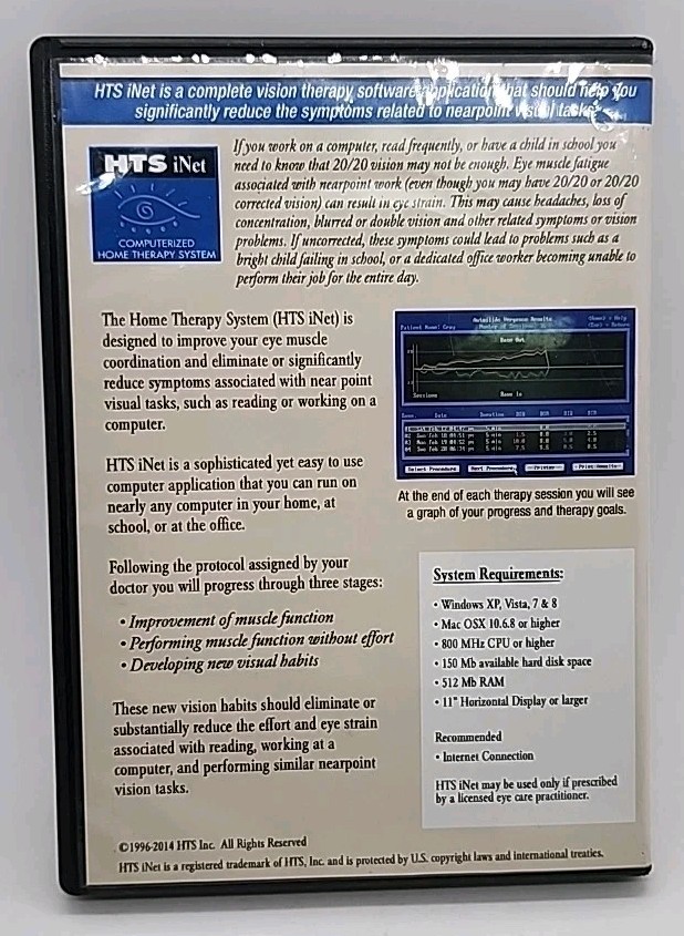 HTS iNet Computerized Home Vision Therapy CD-ROM Eye Strain Exercises