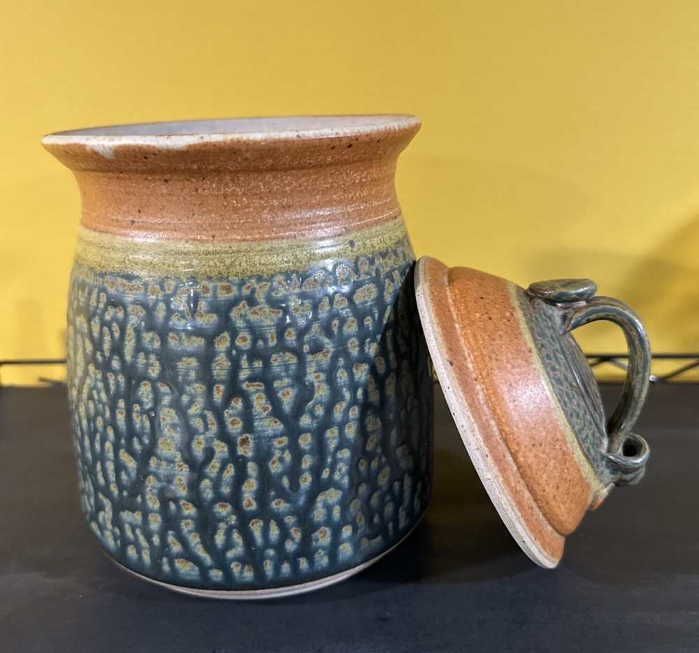 Royce Yoder Pottery Handmade Stoneware Canister – Tree Design, Green & Tan