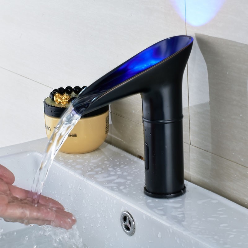 Black Bathroom Basin Faucet LED Automatic Sensor Waterfall Spout Touchless Mixer