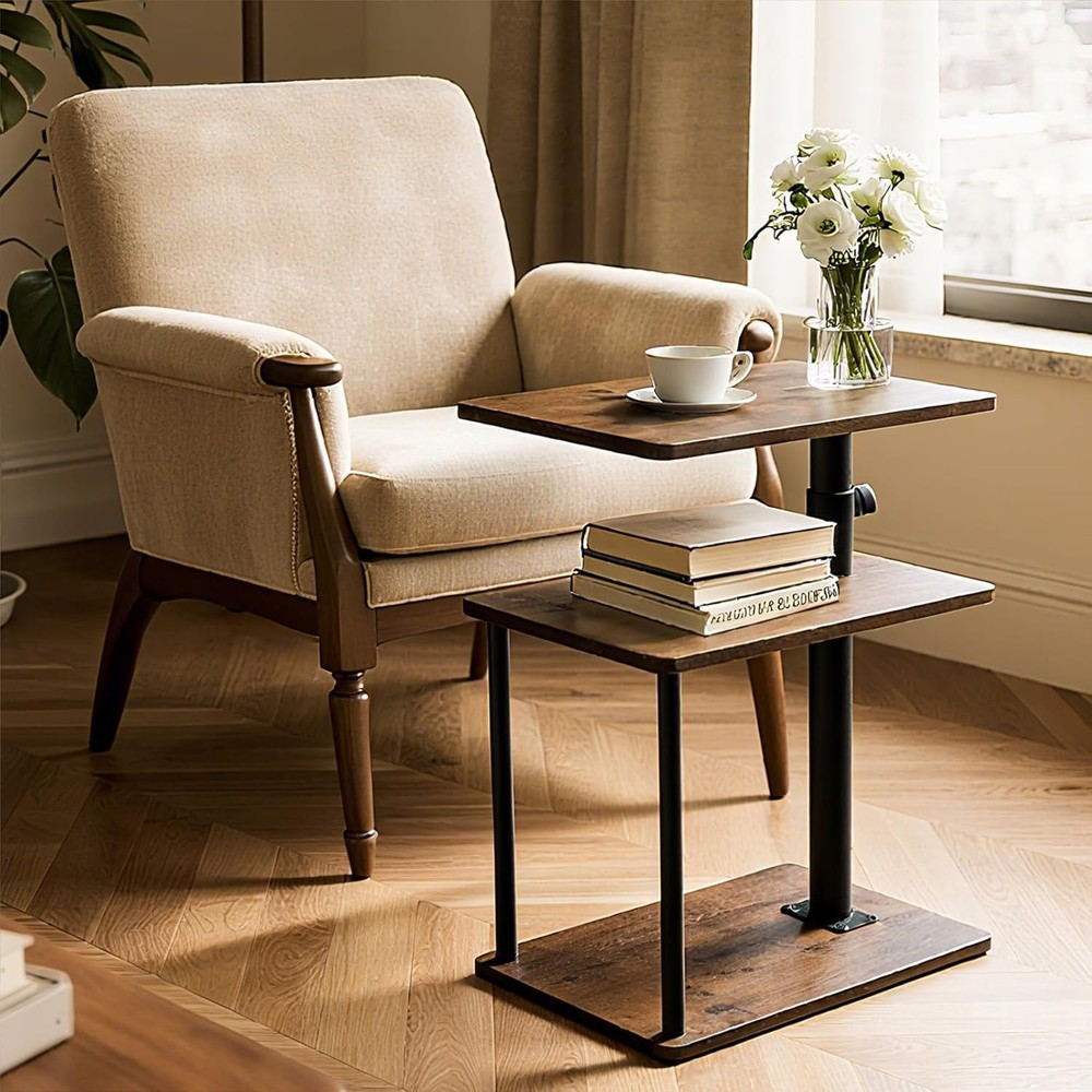 360° Swivel Side Table Height Adjustable C Shaped End Table Couch W/ Storage
