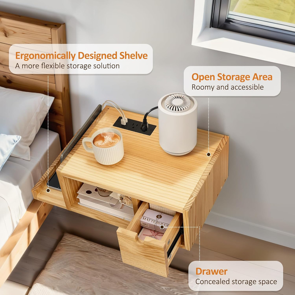 Modern Floating Nightstand with Charging Station & Drawer - Solid Wood Design