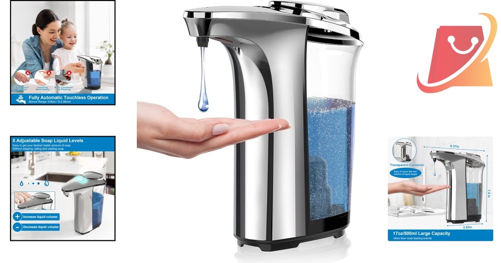 Automatic Soap Dispenser Silver 17oz Touchless Infrared Sensor Kitchen Bathroom