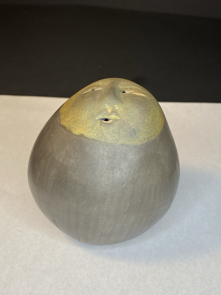 Nan Emmett Deva Raku Face Rattle Shaker Carved 4”