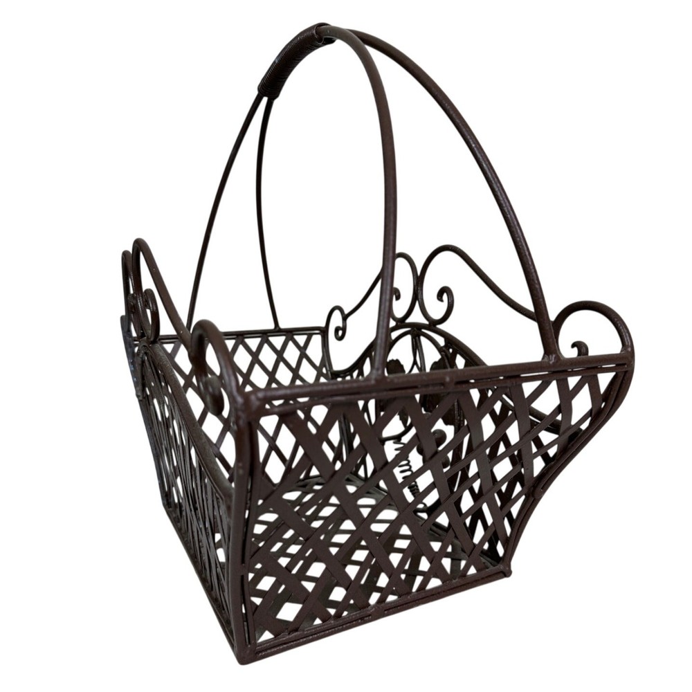 Cast Iron Decorative Basket Plant Holder Lattice Scroll Handle Rustic Planter